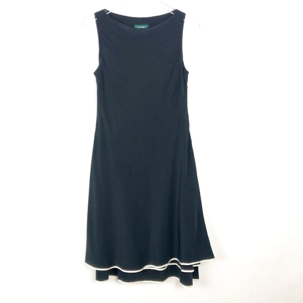Lauren Ralph Lauren Midi Dress Women's Size 8 Black White 100% Silk Sleeveless